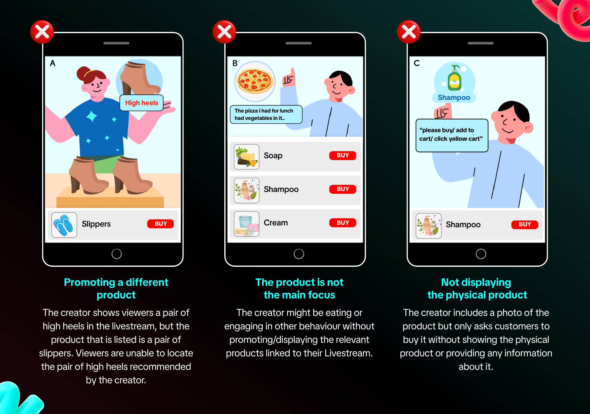 The creator shows viewers a pair of high heels in the livestream, but the product that is listed is a pair of slippers. Viewers are unable to locate the pair of high heels recommended by the creat.png
