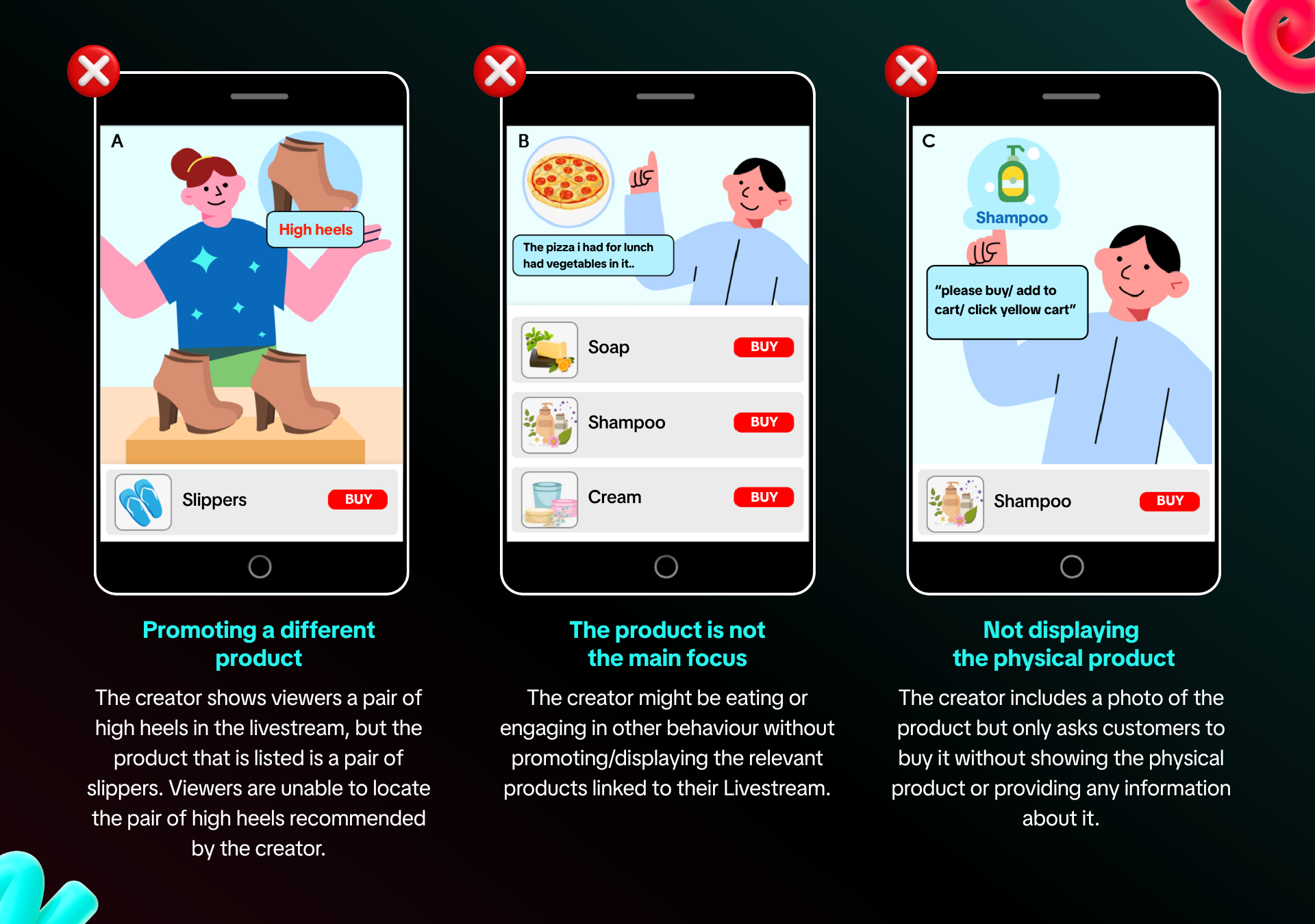 The creator shows viewers a pair of high heels in the livestream, but the product that is listed is a pair of slippers. Viewers are unable to locate the pair of high heels recommended by the creat.png